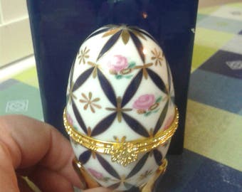 Vintage Easter Egg - Faberge Inspired, Porcelain White and Blue Decorative Egg