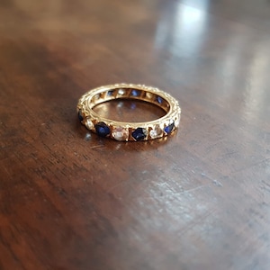 Vintage Ring - 9ct Gold Sapphire and White Rhinestone Ring   Size T 1/2 (UK) 10 (USA)