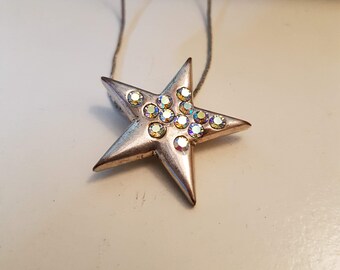 Vintage Necklace - Silver Star with Crystal Like Rhinestones - Box Chain 18 inches