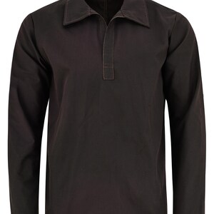 May include: A black long-sleeved shirt with a button-up collar and a single button at the neck.
