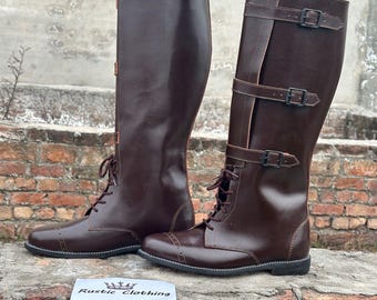 Botas de caballería de cuero marrón hechas a mano: botas de montar de tres hebillas US M40