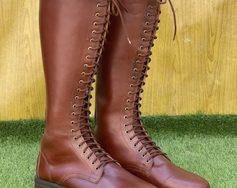 Brown Leather Long Boot With Leather Sole. Riding Boots, Unisex Boots, long boot, men boot, women boot, army boots, German boots, Boots