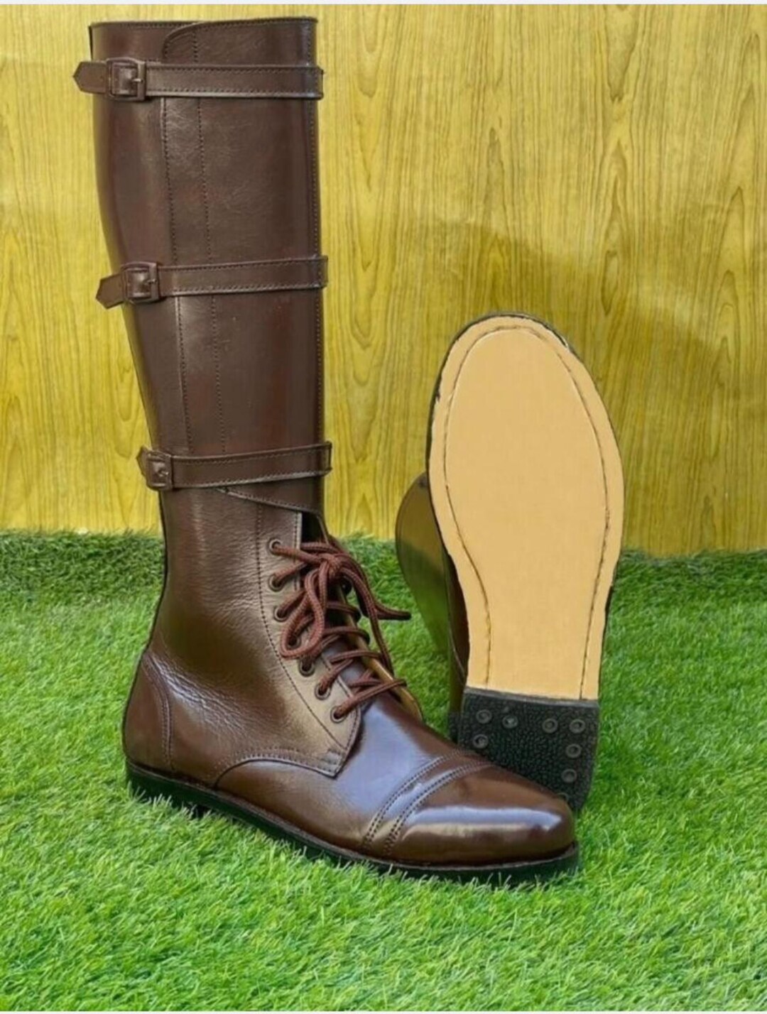 Brown Leather Horse Riding Boots With Three Buckles | Handmade Leather ...