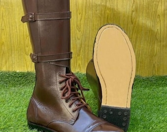 Handmade Brown Leather Riding Boots: Buckled Long Boots