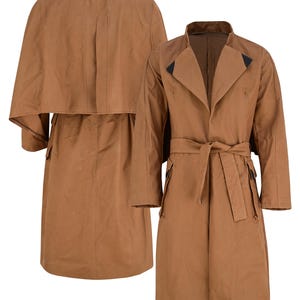 May include: A brown trench coat with a cape-like back and a matching belt. The coat features a notched collar, long sleeves, and pockets. The coat is displayed from the front and back, showcasing its design.