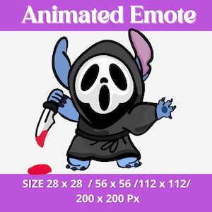 May include: An animated emote featuring a blue character in a black hooded robe and a Scream mask, holding a bloody knife. The image includes the text "Animated Emote" and size dimensions.