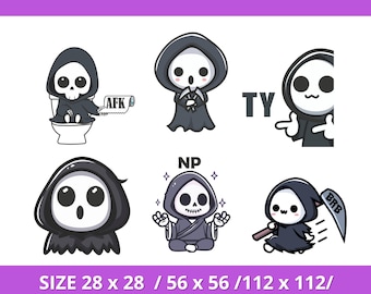 Paket med animerade Twitch-emoter, sött läskigt spökansikte med kniv, kawaii spökansikte, HYPE, död mördare, halloween, animerad Halloween-emote
