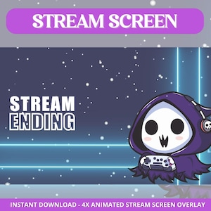 Op de afbeelding: Een digitale stream scherm overlay met een cartoon Grim Reaper karakter met een koptelefoon en een game controller. De achtergrond is donkerblauw met witte sterren en neonblauwe lijnen. Tekst leest "Stream Screen" en "Stream Ending".