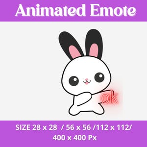 Puede incluir: Emoji animado de un conejo blanco con orejas negras y puntas de orejas rosas. El conejo levanta su pata derecha con la palabra "ok" en letras rojas.