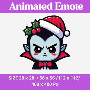 May include: Animated Christmas vampire emote with a red Santa hat, green holly, and a red bow tie. The emote has a grumpy expression with red cheeks and black eyes. Available in sizes 28 x 28, 56 x 56, 112 x 112, and 400 x 400 pixels.