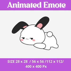 Op de afbeelding: Een witte cartoon konijn emote met zwarte oren en roze binnenoren, liggend met een licht chagrijnige uitdrukking. De afbeelding bevat de tekst "Animated Emote" en maatspecificaties in pixels.