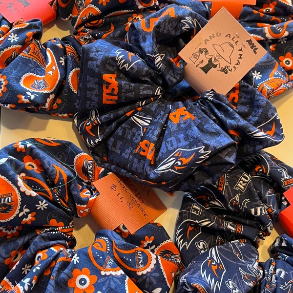 Texas Size UTSA Scrunchie for University Of Texas At San Antonio Go Roadrunners.  Approximately 7 inches wide from left to right