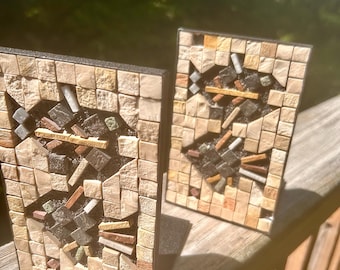 Bookends: A pair of vintage Eilon Mosaics handmade stone and mosaic bookends.
