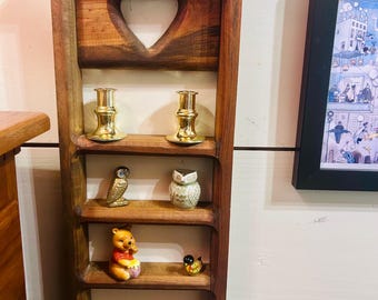Vintage 3 shelf wood heart cut out knick-knack Display wall hanging w/doors that open and close country farmhouse cottage core.