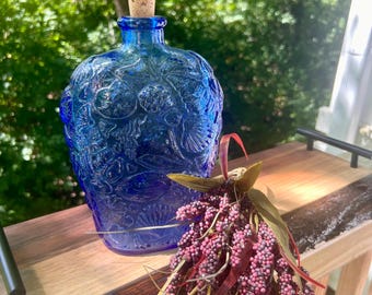 Vintage Libbey Cobalt Blue Bottle: Embossed Seashell Design, Nautical Decor