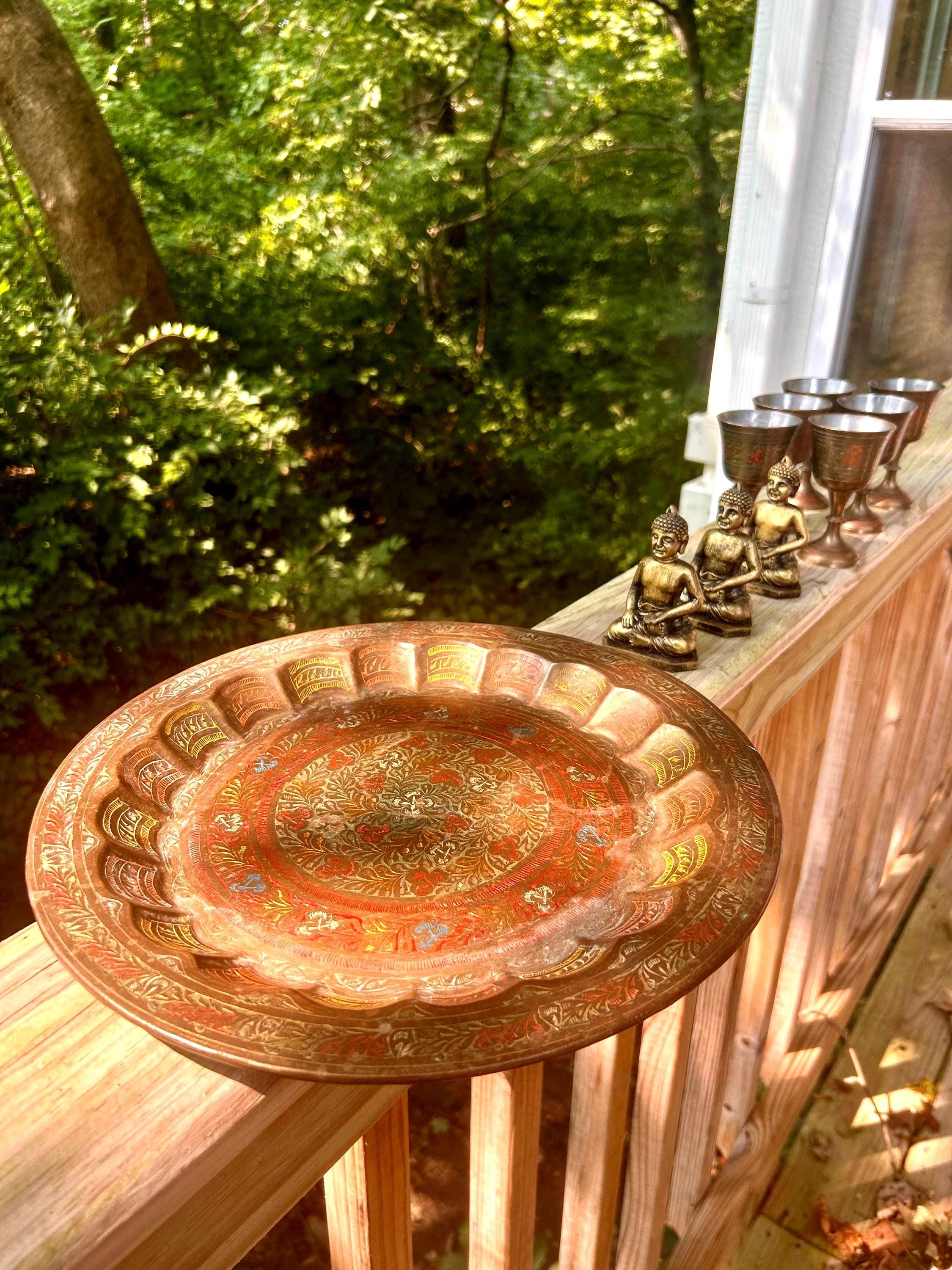 Brass Inlay Tray Set-Vintage Goblets & Statues. Sold as set.