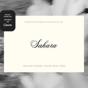 Elegante tarjeta de lugar para boda con nota de agradecimiento: Canva, editable, imprimible y descarga instantánea.