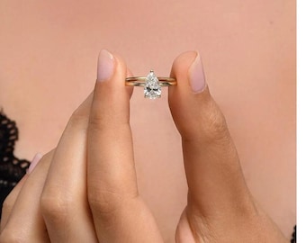 Anillo de diamante cultivado en laboratorio de 1 quilate en forma de pera / Anillo de compromiso solitario con diamante de talla pera / Anillo de diamante de laboratorio con certificación IGI / Oro macizo de 14 quilates