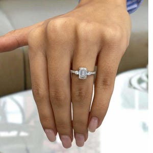 14K White Gold Proposal Ring, Solitaire w/ Sidestone Ring, Emerald Cut Diamond Ring, 1.23ct E/VVS2 Lab Created Diamond, Wedding Jewelry