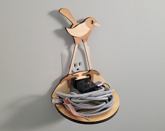 Oplaadstation voor vogelnest, speels vilt en houten kabelopberger