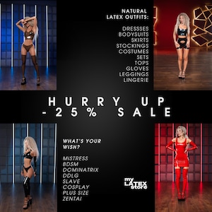 The image is a collage of four images featuring models wearing various latex outfits, with a focus on the different types of latex clothing available at the LATEX Store.