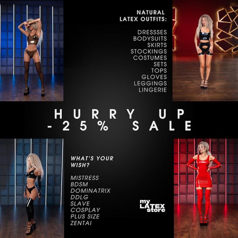 The image is a collage of four images featuring models wearing various latex outfits, with a focus on the different types of latex clothing available at the LATEX Store.
