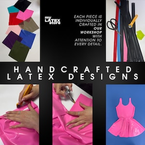 The image is a collage of various handcrafted latex designs, including a pink dress, a pair of scissors, and other materials.