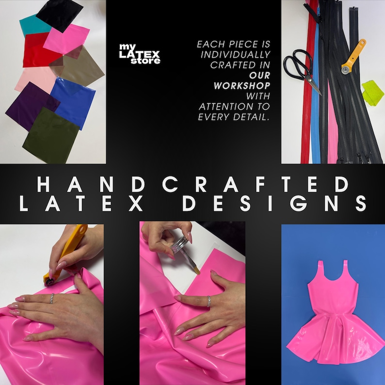 The image is a collage of various handcrafted latex designs, including a pink dress, a pair of scissors, and other materials.