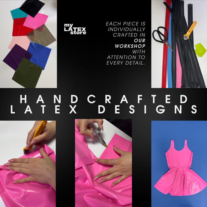 The image is a collage of various handcrafted latex designs, including a pink dress, a pair of scissors, and other materials.