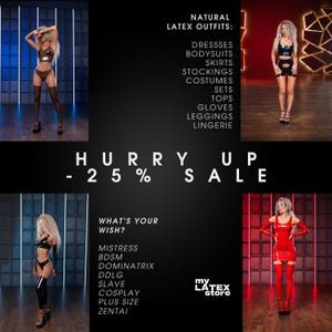The image is a collage of four images featuring models wearing various latex outfits, with a focus on the different types of latex clothing available at the LATEX Store.