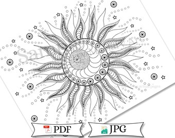 Doodle Swirly Sun Adult Coloring Page Printable
