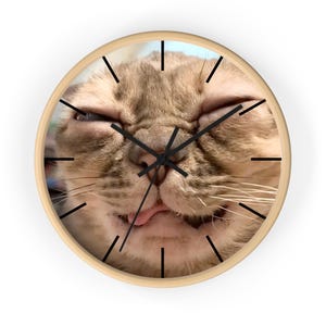 May include: Round wall clock featuring a close-up of a cat's face with its eyes closed and tongue sticking out. The clock has a light wood frame, black hands, and black hour markers. The cat's fur is a mix of brown and tan.
