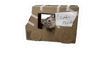 May include: A sticker featuring a cat inside a cardboard box designed to look like a vehicle. The box is brown with white tape and circular wheels. A handwritten sign reads "Gurbus Mobile". The cat has gray and brown fur and is looking out of the window.