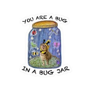 Può includere: Un adesivo con un gatto che indossa un costume da ape all'interno di un barattolo di vetro. Il barattolo contiene disegni di una coccinella, libellula, cavalletta, farfalla e ape. Il testo recita YOU ARE A BUG IN A BUG JAR in nero.