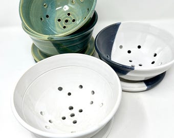 Handmade Berry Bowl Set: Small Stoneware Colander with Plate