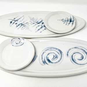 Handmade Ceramic Tray and Dipping Plate Set, Blue Pattern