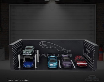 Jaguar Garage Diorama – 3D Printed 1:64 Scale Diecast Display, British Car Enthusiast Decor