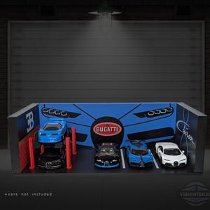May include: A display case featuring a blue Bugatti logo and the word "Chiron". The case holds several toy cars, including a blue car on a lift, and other models in black, blue, and white. The background is a garage door.