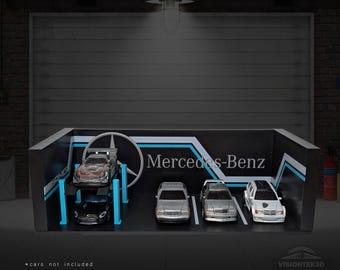 1:64 Scale Mercedes Garage Diorama – 3D Printed Diecast Display, Luxury Car Collector Shelf