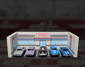 Johnny's Diner Diorama – 1:64 Scale Retro Display, Vintage Americana Car Enthusiast Shelf Decor