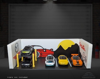 3D Printed Mazda Miata Garage Diorama – 1:64 Scale Diecast Car Display Backdrop