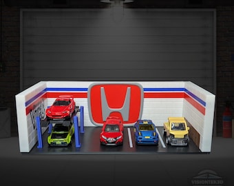 Pode incluir: Uma cena de garagem em miniatura com um logotipo Honda vermelho e vários carros de brinquedo. Os carros incluem um carro desportivo vermelho numa plataforma elevatória, um carro desportivo verde, um carro vermelho, um carro azul e uma carrinha amarela.