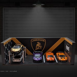 May include: A black and gold Lamborghini garage diorama with five slots for toy cars. The garage has a black and gold Lamborghini logo with a bull and the text "Lamborghini". The diorama is made of wood and has a black and gold checkered pattern on the back wall. The diorama is empty, but there are five slots for toy cars. The diorama is a great way to display your favorite toy cars.