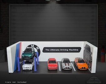 3D Printed BMW Garage Diorama – 1:64 Scale Diecast Display, Bavarian Car Shelf