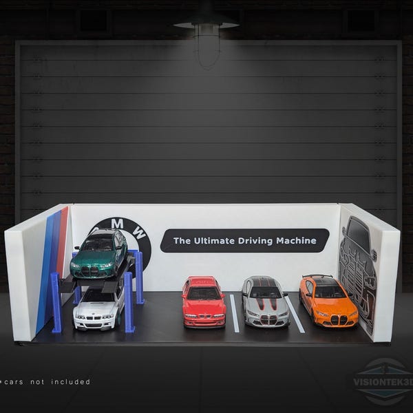 Diorama de garaje BMW impreso en 3D – Exhibición de metal fundido a escala 1:64, estante para autos bávaros