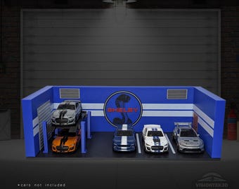Ford Shelby Garage Diorama – 3D Printed 1:64 Scale Diecast Display, Mustang Fan Gift for Him, Muscle Car Decor