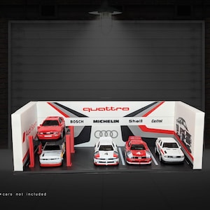 May include: A white display stand with the word "quattro" in red letters. The stand has five slots for toy cars, with the logos of Bosch, Michelin, Shell, and Castrol printed on the stand. The stand is designed to look like a garage.