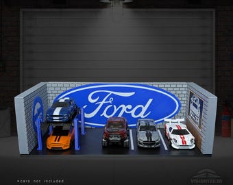 3D Printed Ford Garage Diorama – 1:64 Scale Diecast Display, American Car Collector Shelf