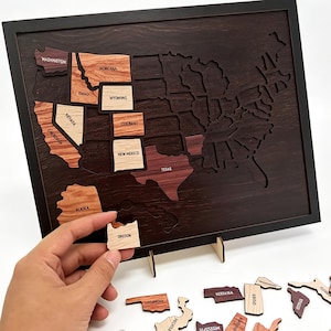 Framed Wooden US Map Puzzle, 50 States Travel Tracker, Interactive United States Map to Mark Visited States, Travel Keepsake Gift