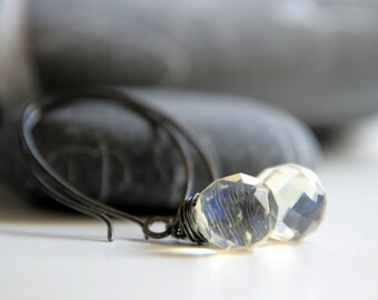Silver Citrine Earrings - Oxidized sterling silver and Czech Glass light yellow clear teardrop beads - made to order
